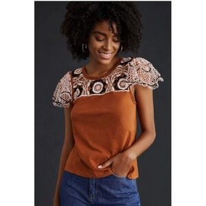 Anthropologie Rust Brown Crochet Lace Flutter Sleeve Boho Top Small Slub Cotton